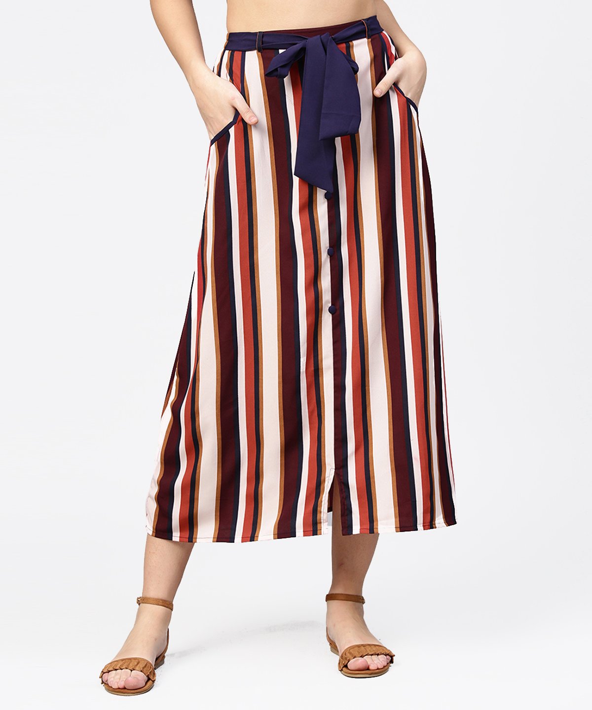 Women's Multi Printed Ankle Length Flared Skirt With Button Work At Front