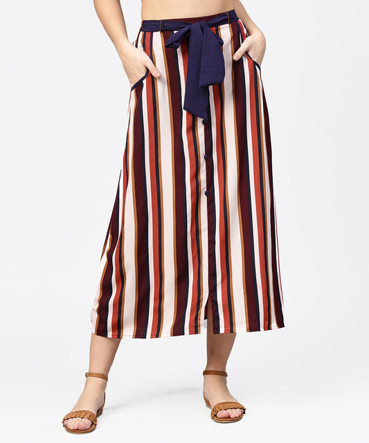 Women's Multi Printed Ankle Length Flared Skirt With Button Work At Front
