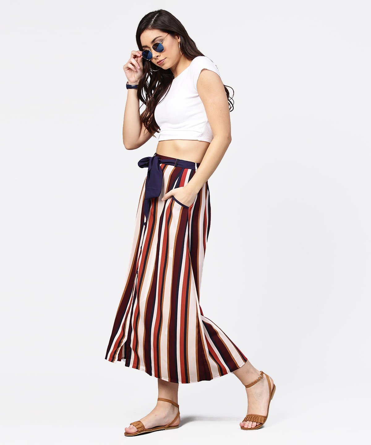 Women's Multi Printed Ankle Length Flared Skirt With Button Work At Front