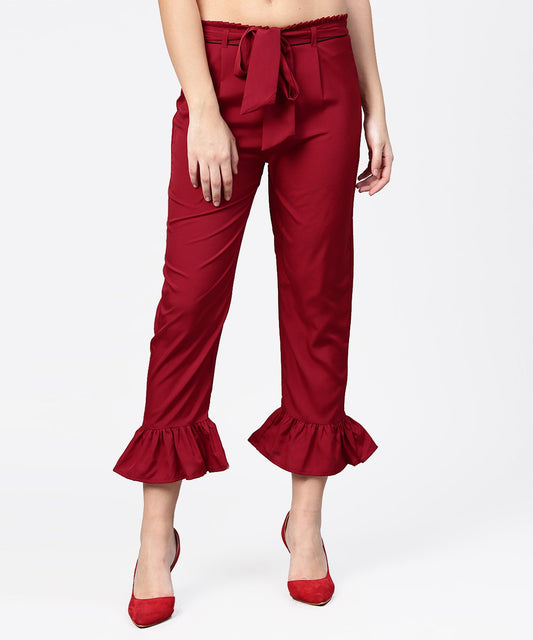 Women's Maroon Ankle Length Crepe Straight Palazzo With Belt