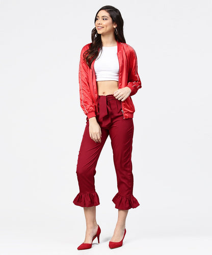 Women's Maroon Ankle Length Crepe Straight Palazzo With Belt