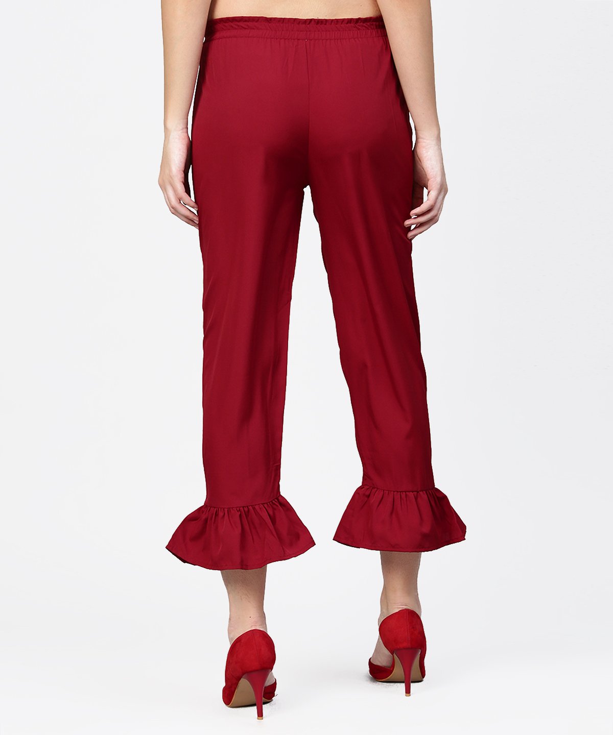Women's Maroon Ankle Length Crepe Straight Palazzo With Belt