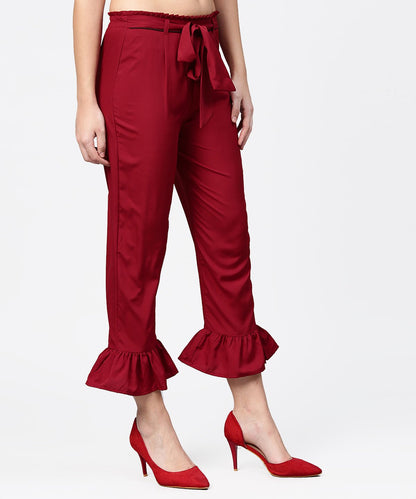 Women's Maroon Ankle Length Crepe Straight Palazzo With Belt