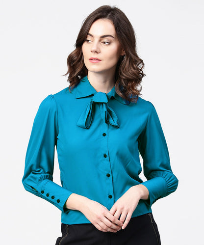 Women's Blue Full Sleeve Crepe Shirt With Tye Design At Front