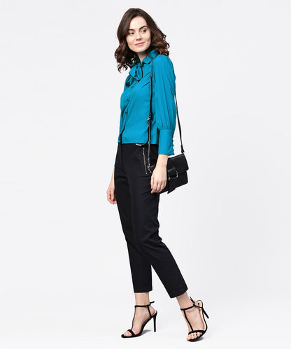Women's Blue Full Sleeve Crepe Shirt With Tye Design At Front