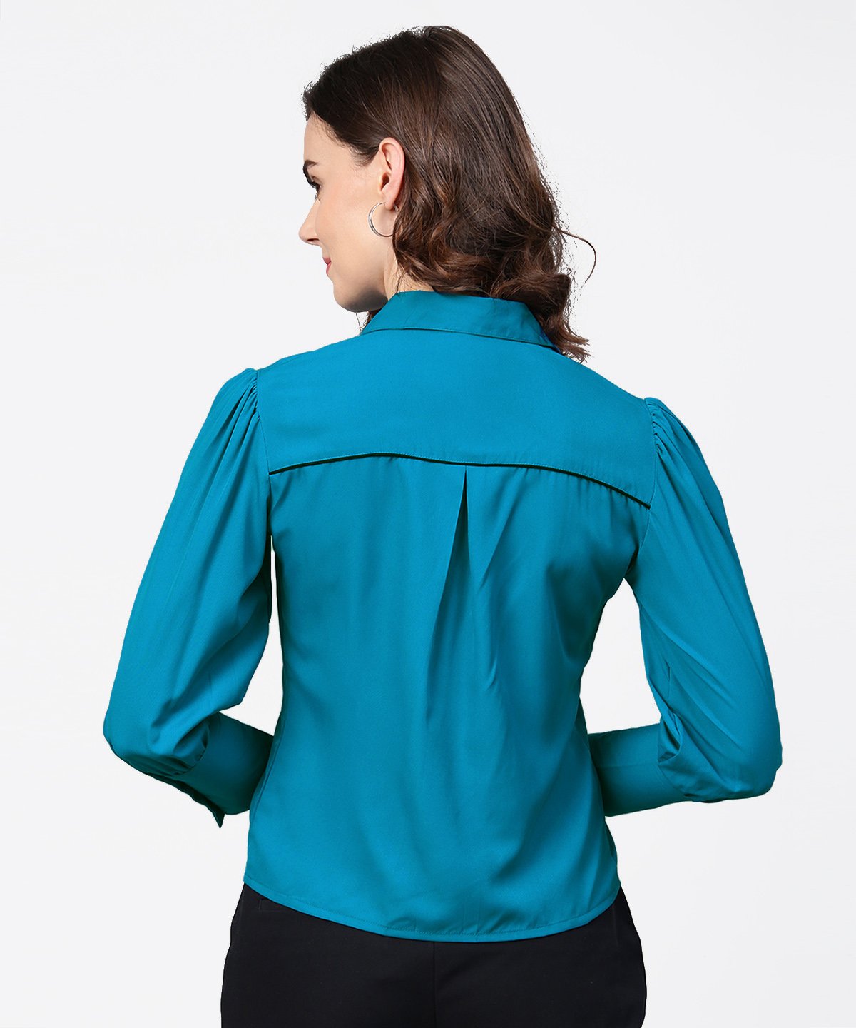 Women's Blue Full Sleeve Crepe Shirt With Tye Design At Front