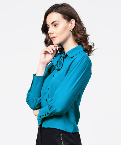 Women's Blue Full Sleeve Crepe Shirt With Tye Design At Front