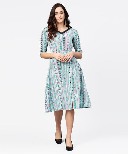 Women's Blue Printed 3/4Th Sleeve A-Line Dress