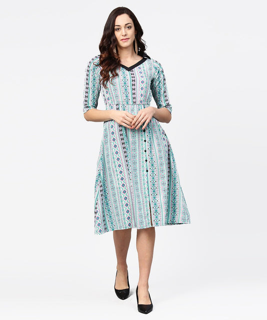 Women's Blue Printed 3/4Th Sleeve A-Line Dress