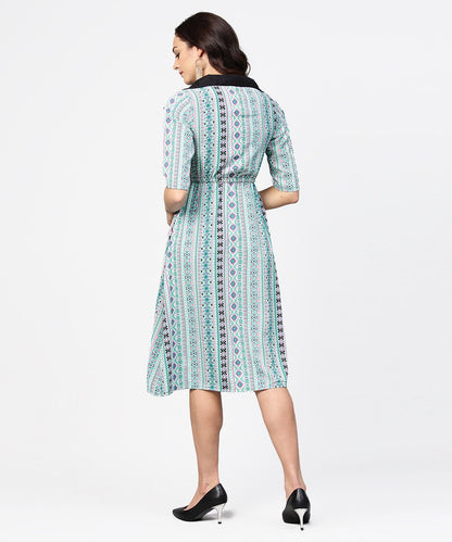 Women's Blue Printed 3/4Th Sleeve A-Line Dress