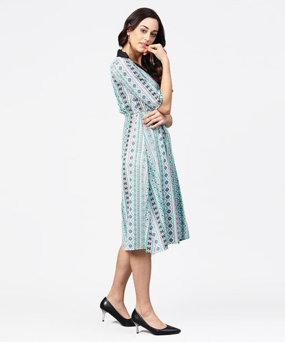 Women's Blue Printed 3/4Th Sleeve A-Line Dress