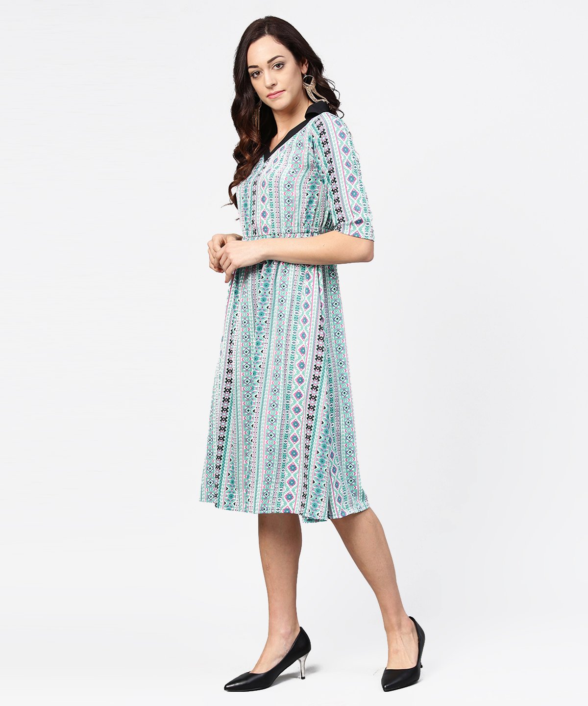 Women's Blue Printed 3/4Th Sleeve A-Line Dress