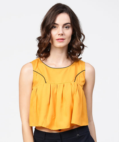 Women's Yellow Crepe Sleeveless Pleated Tops
