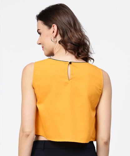 Women's Yellow Crepe Sleeveless Pleated Tops
