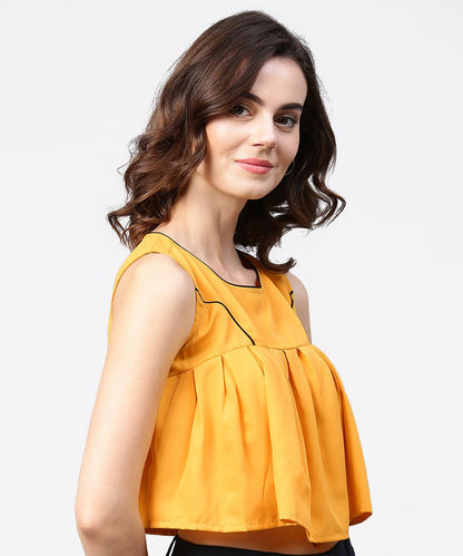 Women's Yellow Crepe Sleeveless Pleated Tops
