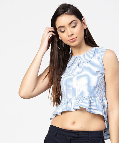 Women's Blue Striped Cotton Sleeveless Front Open Top
