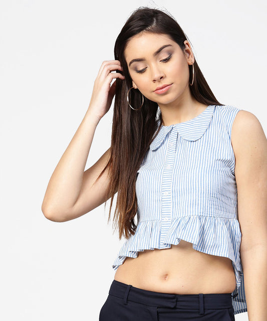 Women's Blue Striped Cotton Sleeveless Front Open Top