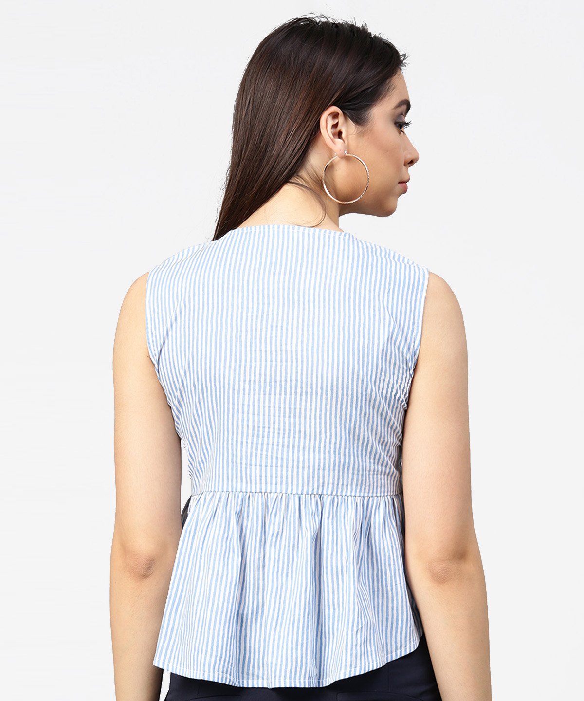 Women's Blue Striped Cotton Sleeveless Front Open Top