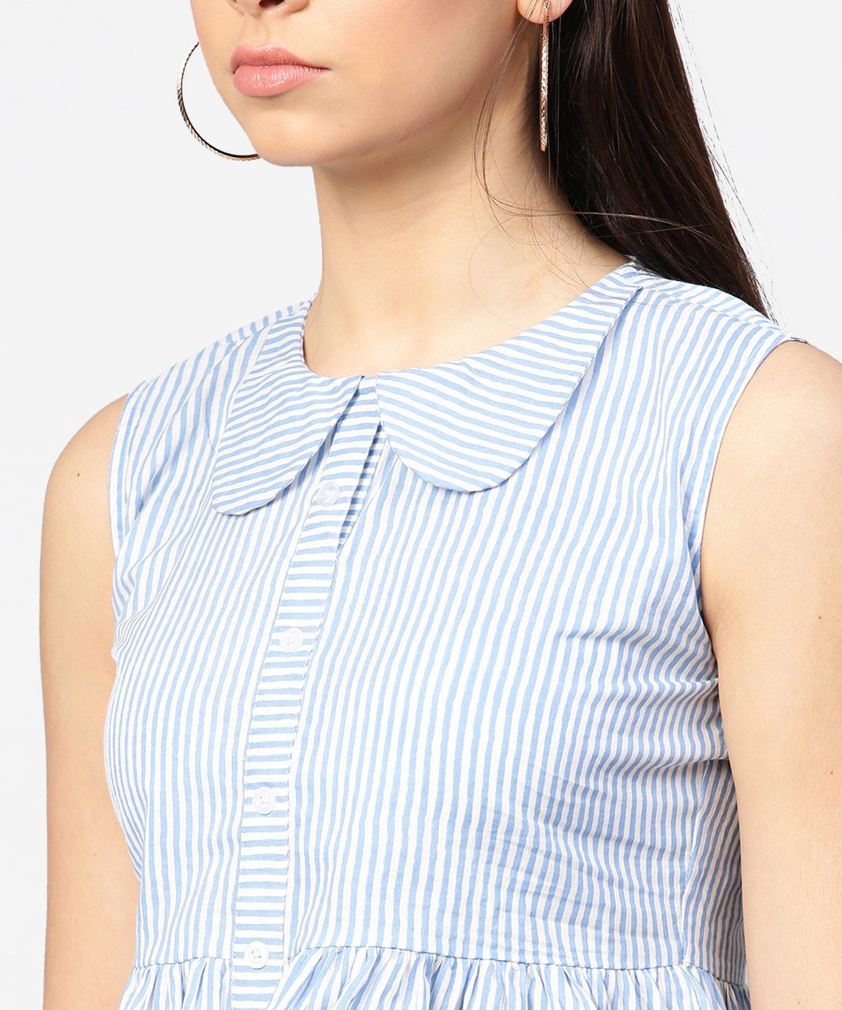 Women's Blue Striped Cotton Sleeveless Front Open Top