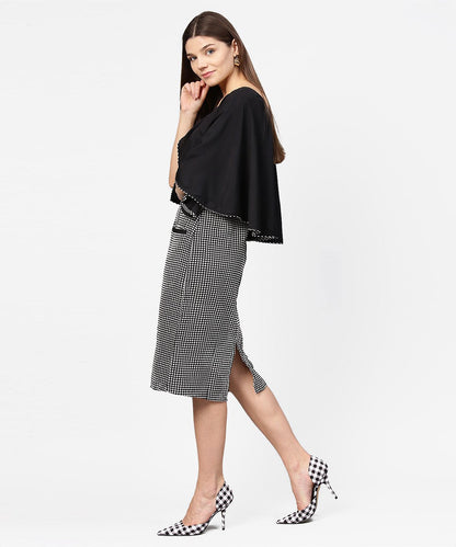 Women's Black Check Printed Flared Sleeve Double Pocket Dress