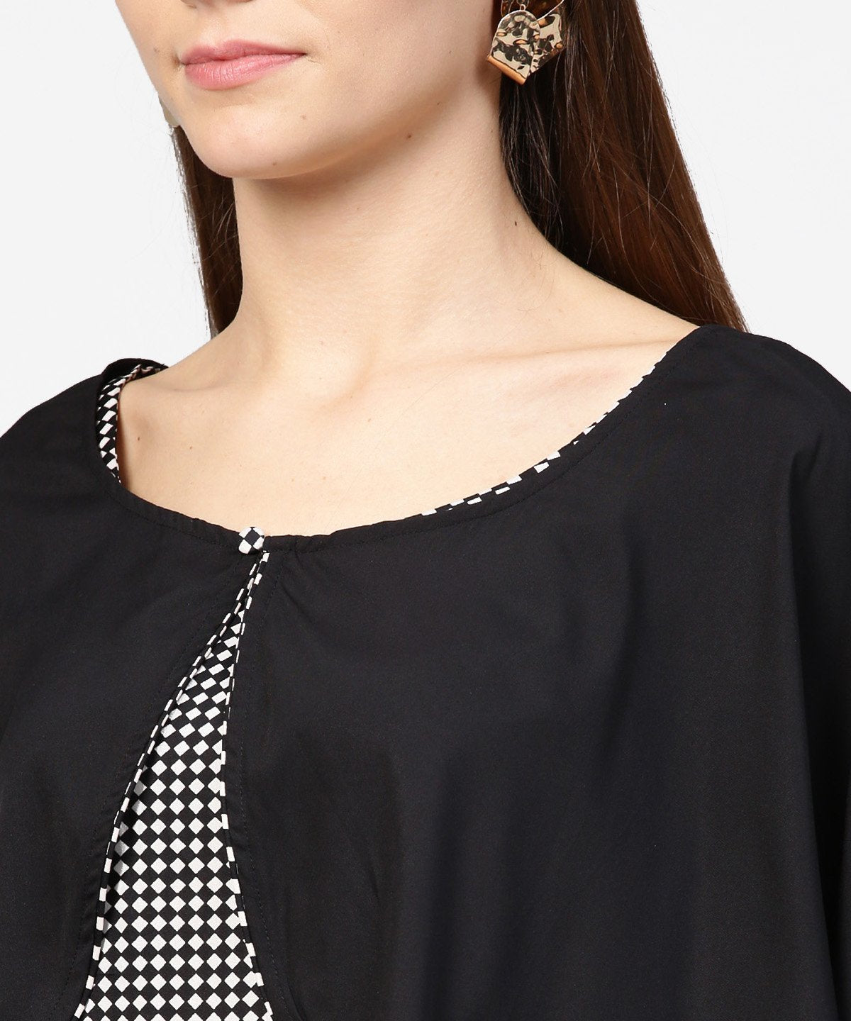 Women's Black Check Printed Flared Sleeve Double Pocket Dress