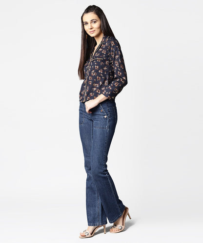Women's Navy Blue Front Placket Printed Top With Notched Collar & Full Sleeve