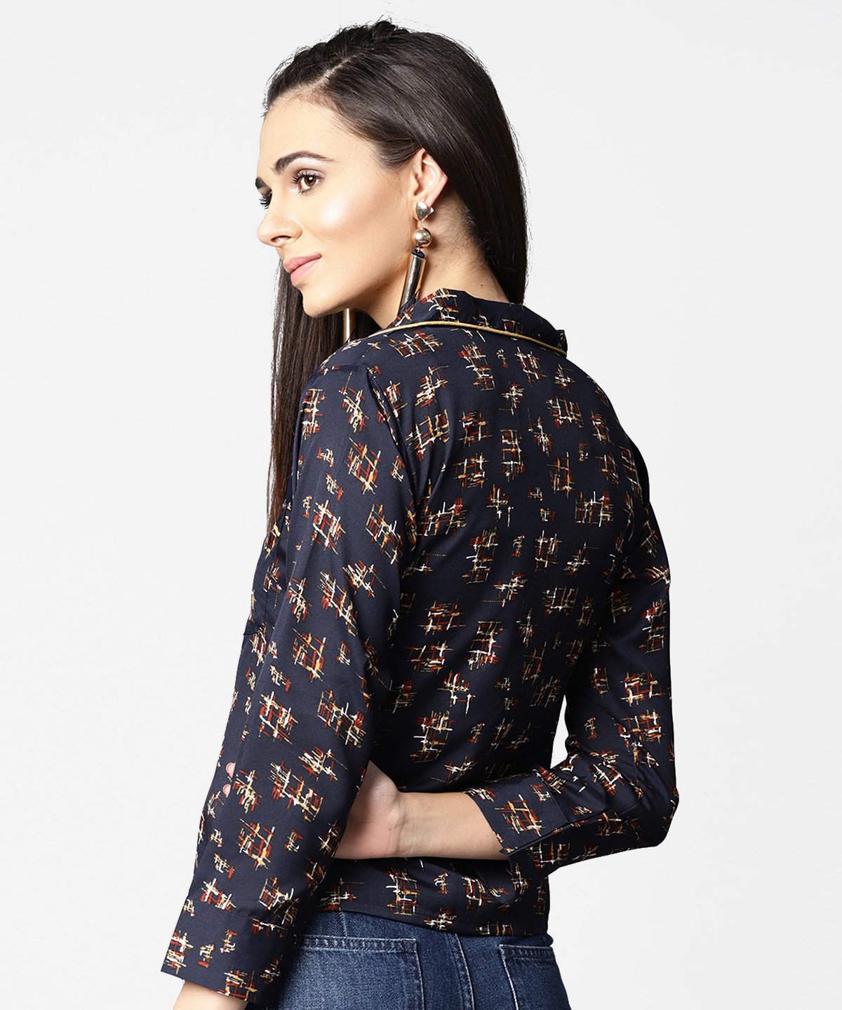 Women's Navy Blue Front Placket Printed Top With Notched Collar & Full Sleeve