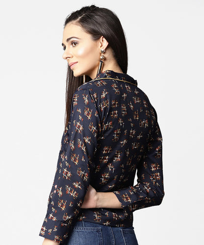 Women's Navy Blue Front Placket Printed Top With Notched Collar & Full Sleeve