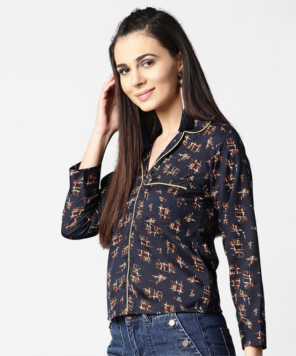 Women's Navy Blue Front Placket Printed Top With Notched Collar & Full Sleeve