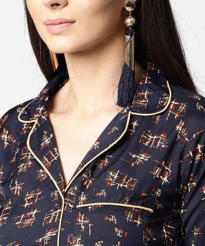Women's Navy Blue Front Placket Printed Top With Notched Collar & Full Sleeve