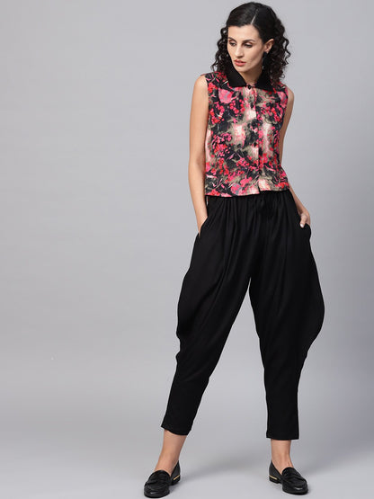 Women's Pink & Black Printed Sleeveless Tops With Black Ankle Length Balloon Pant