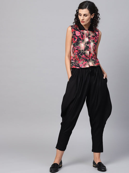 Women's Pink & Black Printed Sleeveless Tops With Black Ankle Length Balloon Pant