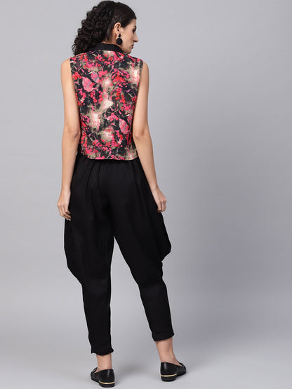 Women's Pink & Black Printed Sleeveless Tops With Black Ankle Length Balloon Pant