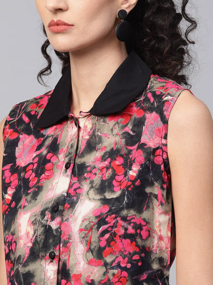 Women's Pink & Black Printed Sleeveless Tops With Black Ankle Length Balloon Pant