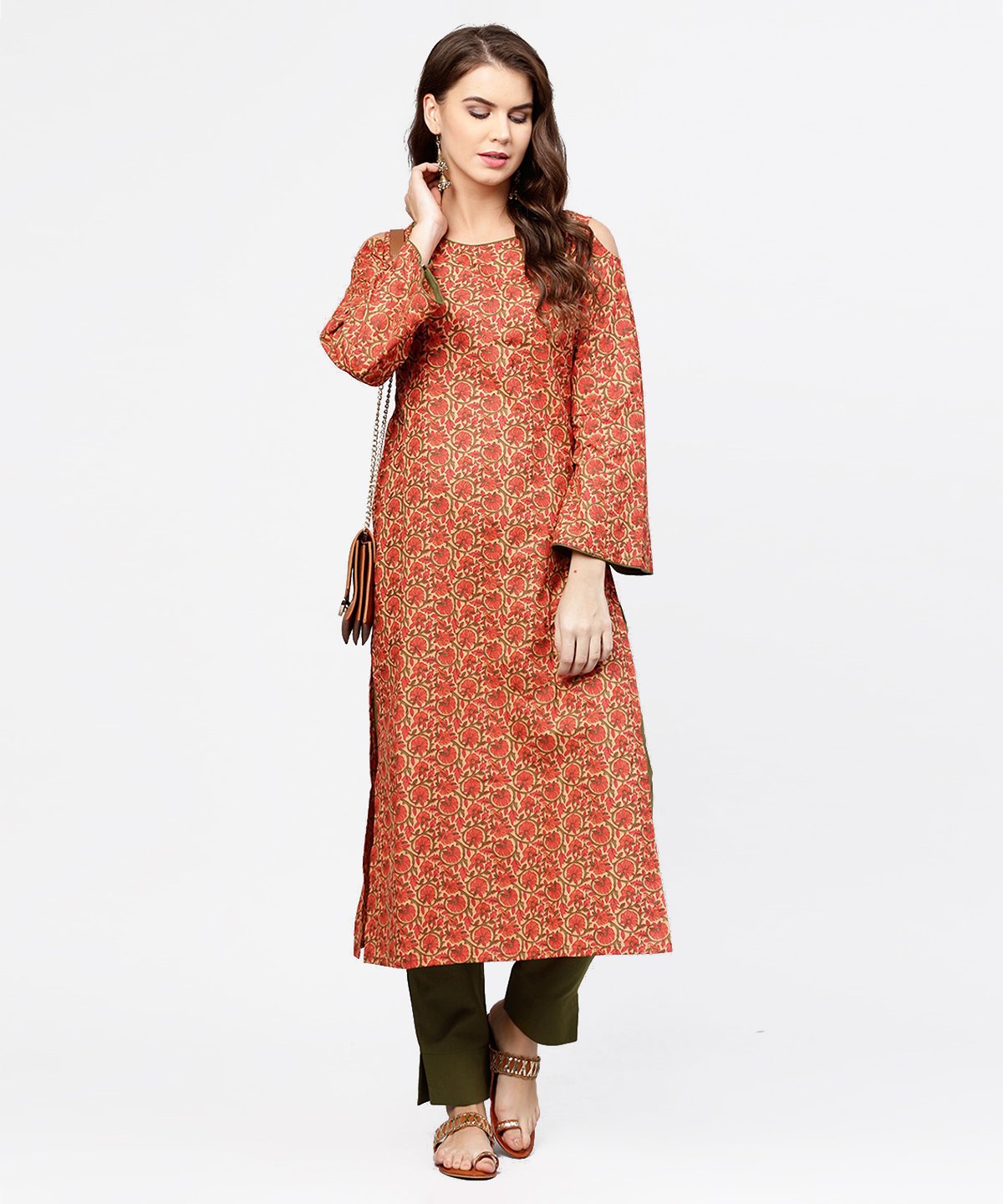 Women's Red Printed Long Sleeve Cold Shoulder Cotton Kurta With Green Ankle Length Palazzo