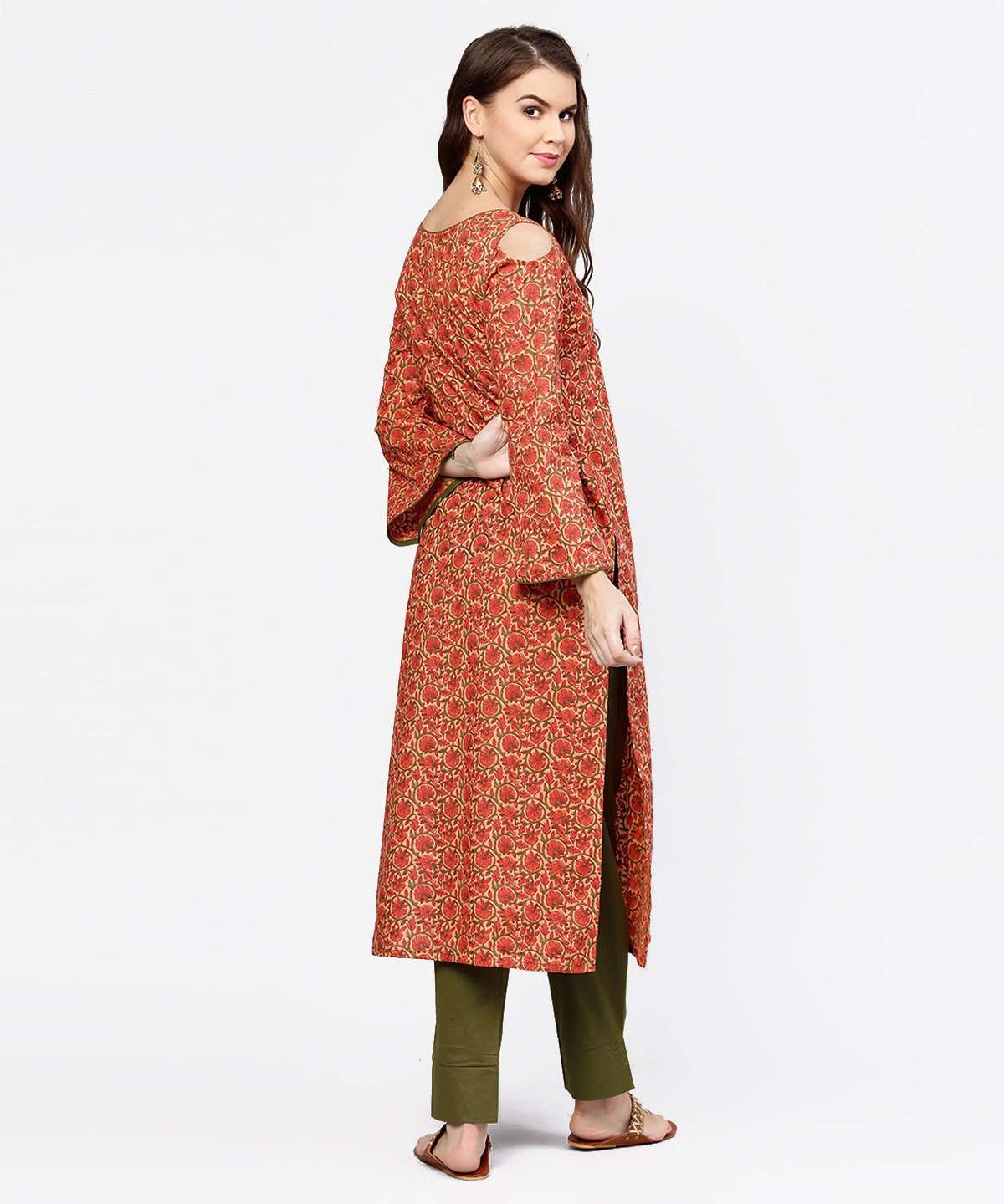Women's Red Printed Long Sleeve Cold Shoulder Cotton Kurta With Green Ankle Length Palazzo