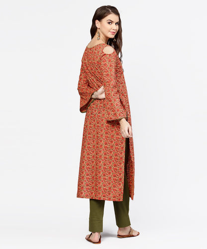 Women's Red Printed Long Sleeve Cold Shoulder Cotton Kurta With Green Ankle Length Palazzo