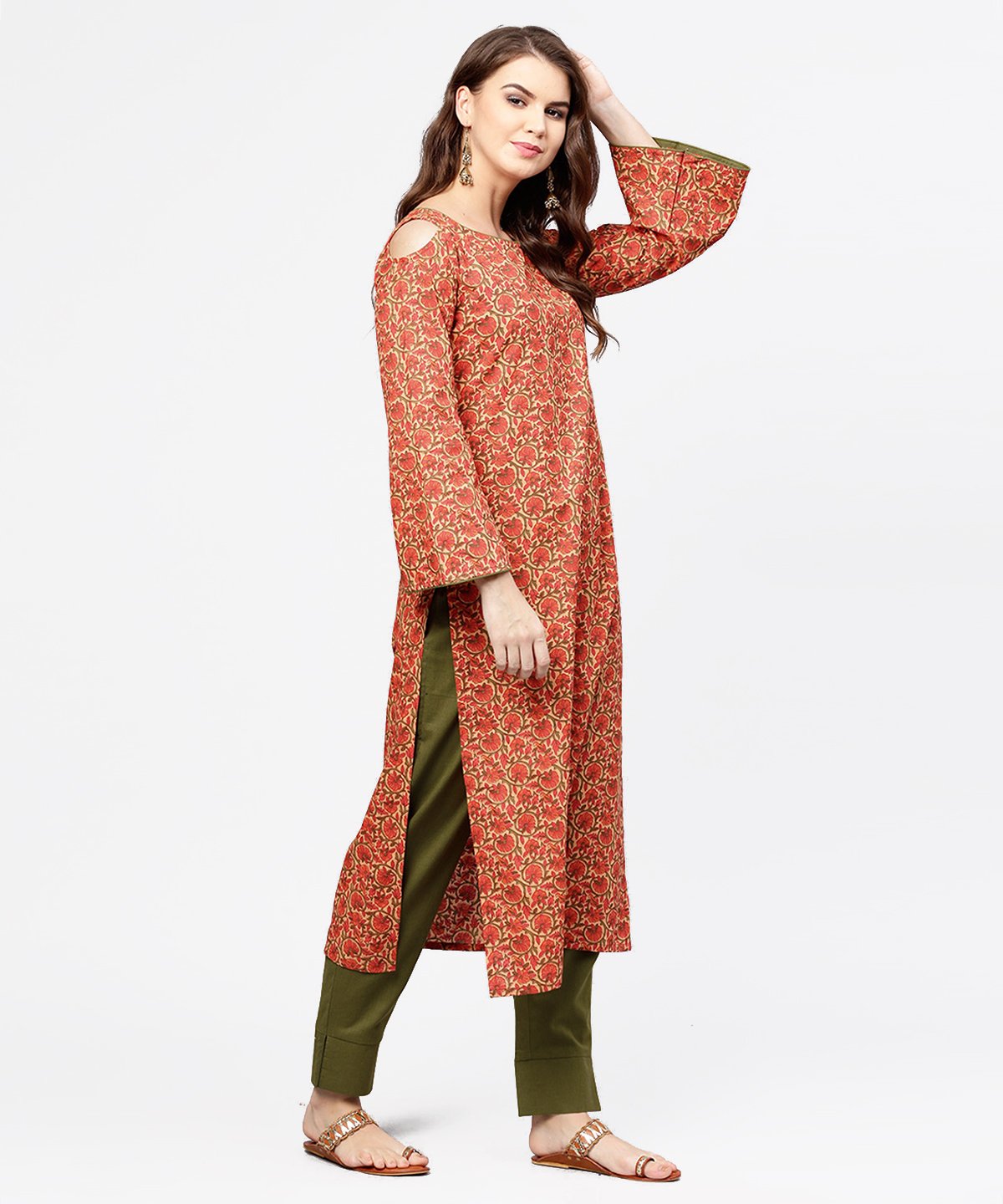 Women's Red Printed Long Sleeve Cold Shoulder Cotton Kurta With Green Ankle Length Palazzo