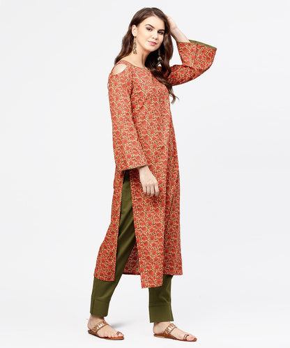 Women's Red Printed Long Sleeve Cold Shoulder Cotton Kurta With Green Ankle Length Palazzo