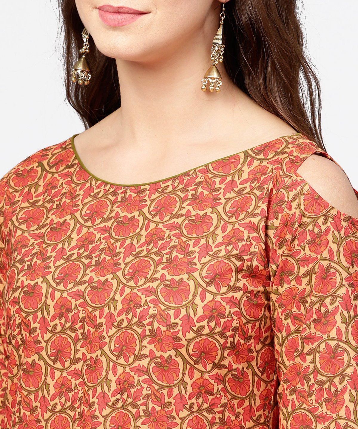Women's Red Printed Long Sleeve Cold Shoulder Cotton Kurta With Green Ankle Length Palazzo