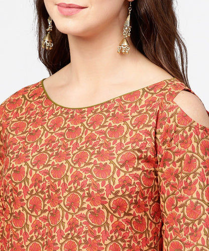 Women's Red Printed Long Sleeve Cold Shoulder Cotton Kurta With Green Ankle Length Palazzo