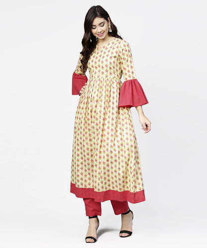 Women's Off White Printed Full Sleeve Cotton Anarkali Kurta With Pink Ankle Length Palazzo