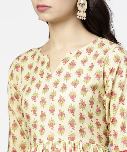 Women's Off White Printed Full Sleeve Cotton Anarkali Kurta With Pink Ankle Length Palazzo