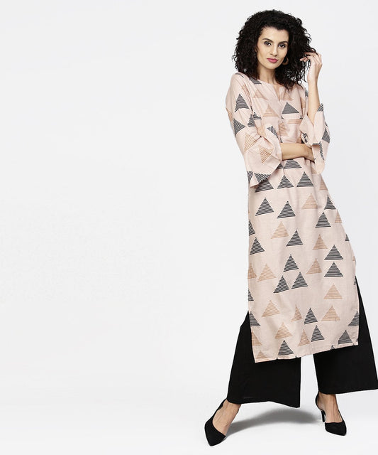 Women's Beige Printed Long Flared Sleeve Straight Cotton Kurta With Black Ankle Length Flared Palazzo
