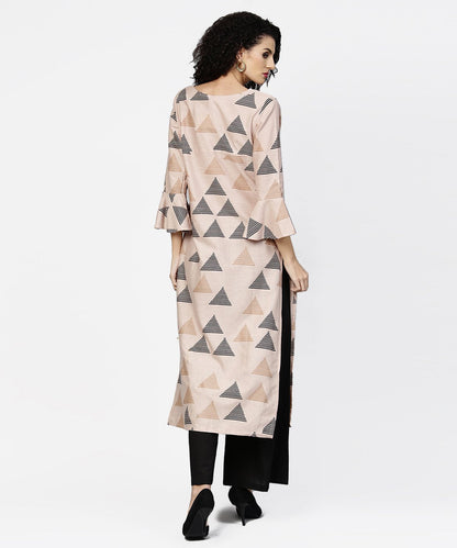 Women's Beige Printed Long Flared Sleeve Straight Cotton Kurta With Black Ankle Length Flared Palazzo
