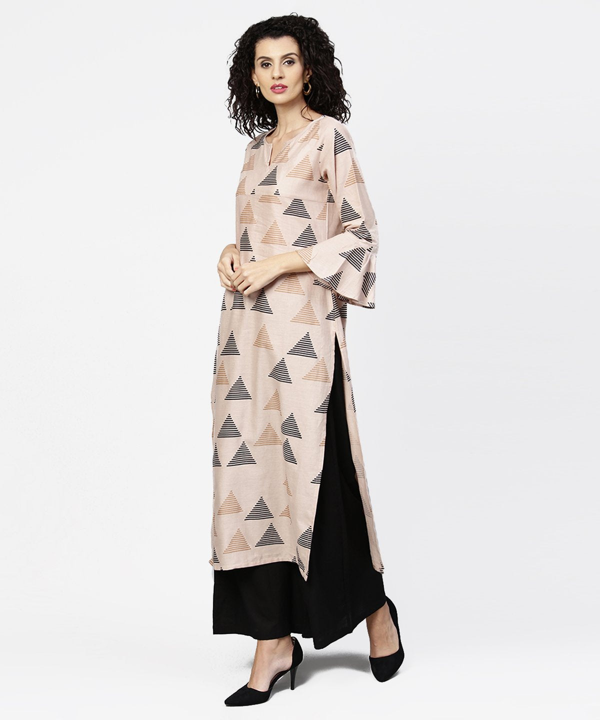 Women's Beige Printed Long Flared Sleeve Straight Cotton Kurta With Black Ankle Length Flared Palazzo