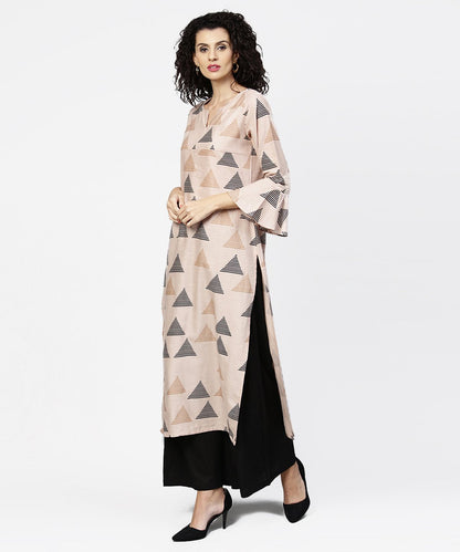 Women's Beige Printed Long Flared Sleeve Straight Cotton Kurta With Black Ankle Length Flared Palazzo