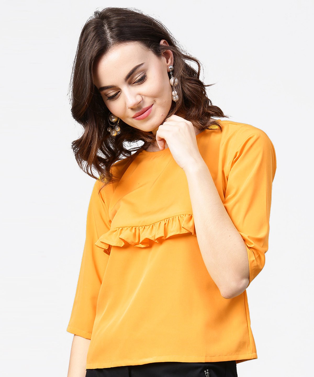 Women's Yellow 3/4Th Sleeve Ruffle Tops