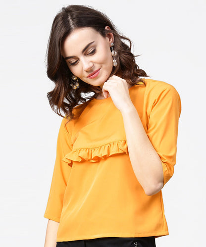 Women's Yellow 3/4Th Sleeve Ruffle Tops