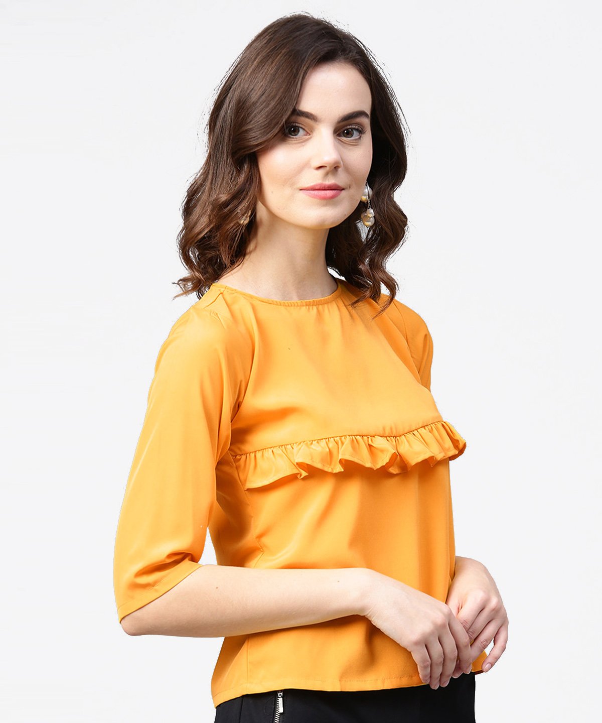 Women's Yellow 3/4Th Sleeve Ruffle Tops